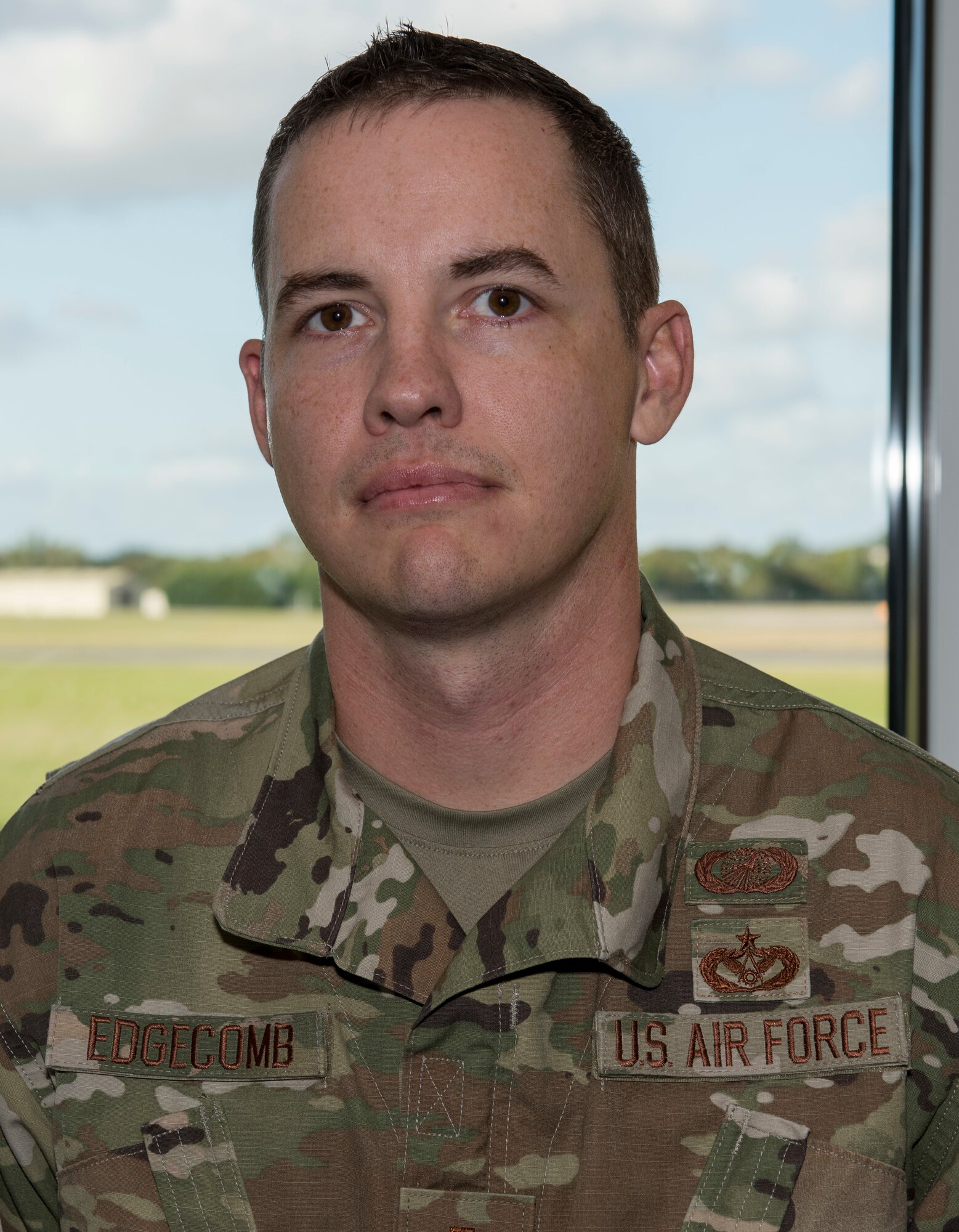 U.S. Air Force 2nd Lt. Shawn Edgecomb, 509th Contracting Squadron officer in charge of operation flights, deployed from Whiteman Air Force Base, Missouri, poses for a photo at RAF Fairford, England, September 5, 2019. Edgecomb supported the mission at RAF Fairford through making purchases in support of the Bomber Task Force Europe mission. (U.S. Air Force photo by Airman 1st Class Jennifer Zima)