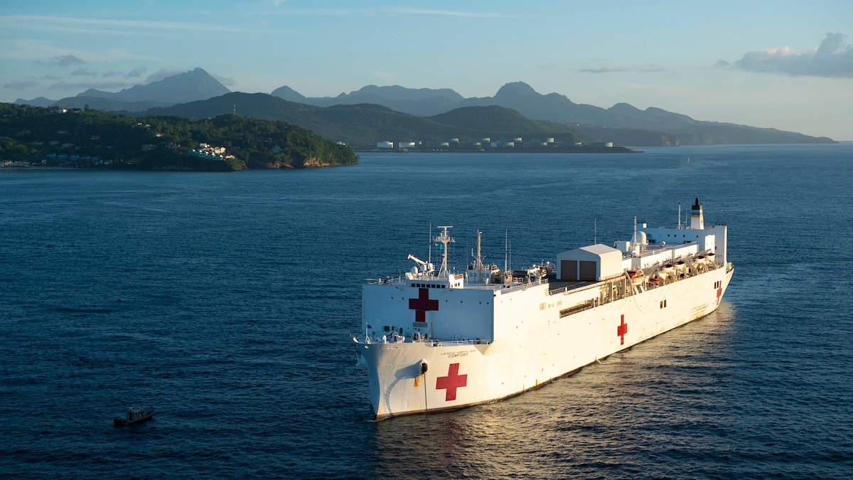 The hospital ship USNS Comfort anchored off the coast of Castries, Saint Lucia.
