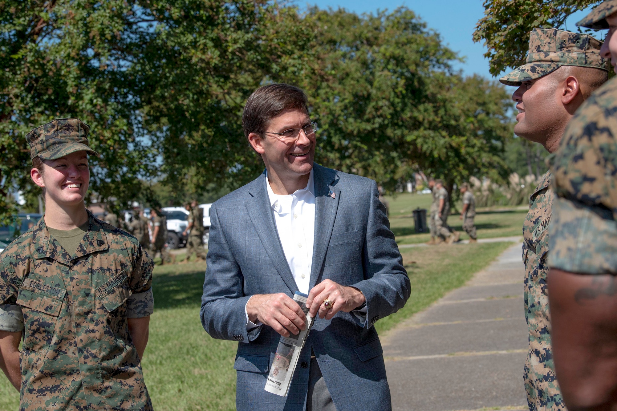 Defense Secretary Dr. Mark T. Esper meets with Marines at Camp Lejeune, N.C., Sept..
