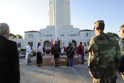 Members of the Joint Base San Antonio-Randolph American Indian Heritage Committee carry out a flag ceremony during the celebratory observation of Texas American Indian Heritage Day at JBSA-Randolph, Texas, Sept. 27, 2019. American Indian Heritage Day in Texas, signed into law in 2013, recognizes historical, cultural and social contributions of American Indian communities and leaders of Texas.