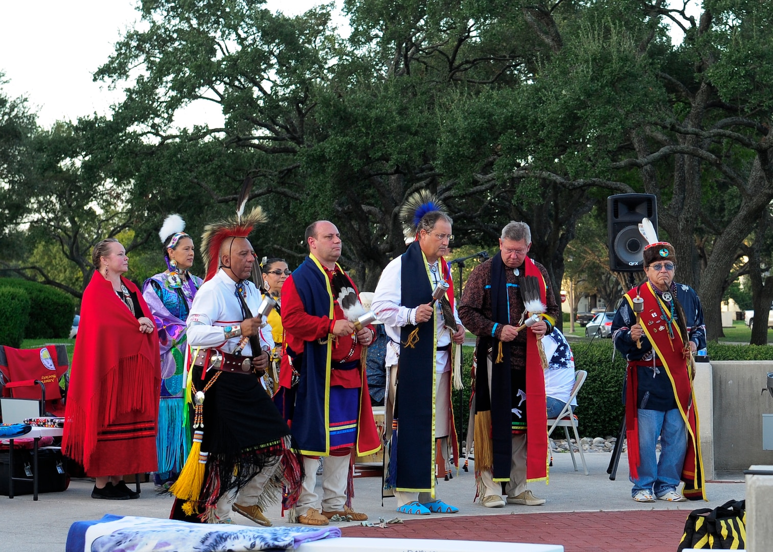 Native Americans participate in the gourd dance and reveille ceremony during the Texas American Indian Heritage Day at Joint Base San Antonio-Randolph, Texas, Sept. 27, 2019. The Texas American Indian Heritage Day events were sponsored by JBSA-Randolph's American Indian Heritage Committee. American Indian Heritage Day in Texas, signed into law in 2013, recognizes historical, cultural and social contributions of American Indian communities and leaders of Texas.