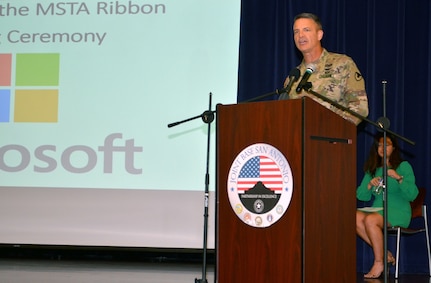 Col. Peter Velesky, Joint Base San Antonio and 502nd Air Base Wing deputy commander, delivers remarks at a ribbon-cutting ceremony for the establishment of the Microsoft Military Spouse Technology Academy program in San Antonio at the JBSA-Fort Sam Houston Military & Family Readiness Center Sept. 27. Velesky spoke about the positive impact the training program will have for military spouses who are seeking a career in the technology field.