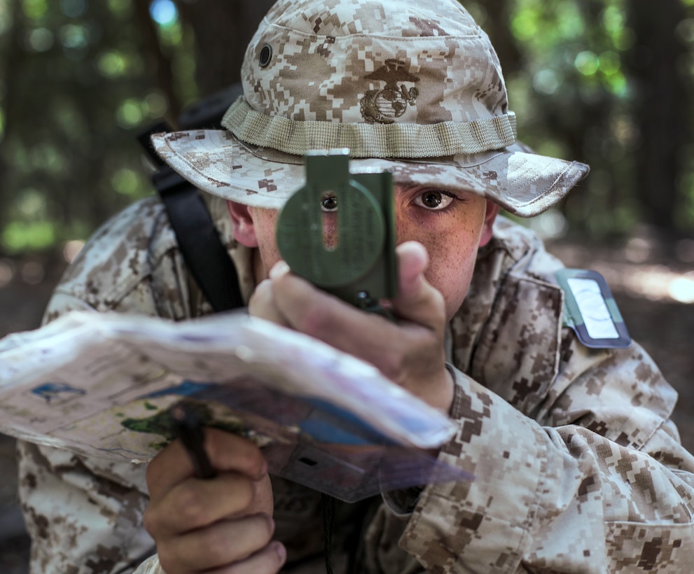 Recruits with Echo Company, 2nd Recruit Training Battalion, complete the land navigation course aboard Marine Corps Recruit Depot Parris Island, S.C, Sept. 24, 2019. Land navigation is part of Basic Warrior Training and is designed to teach recruits how to use a compass and map for navigation.