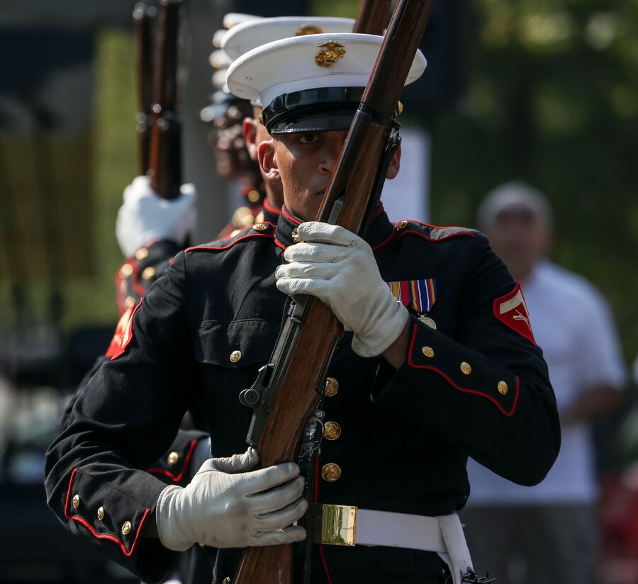 Marines with the U.S. Marine Corps Silent Drill Platoon perform during the 2019 Barracks Row Fall Festival in Washington, D.C., Sept. 28, 2019. The annual festival brings the community together to celebrate its rich history and support local venues. (U.S. Marine Corps photo by Sgt. Robert Knapp)