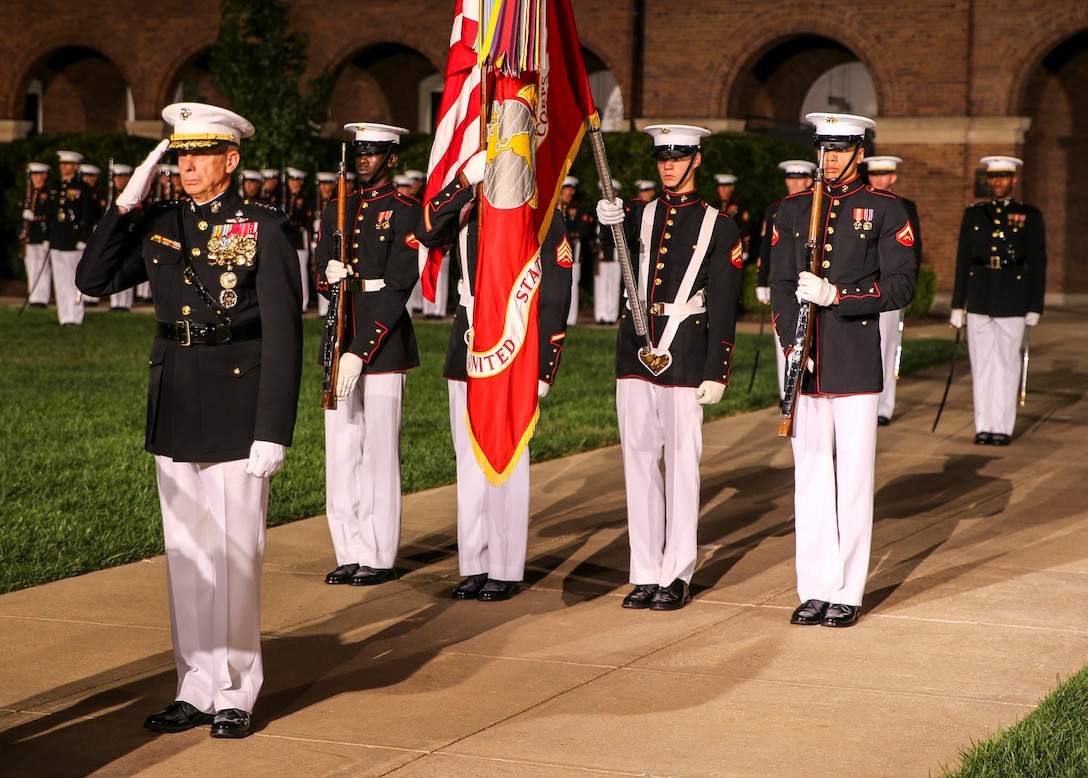 General Thomas D. Waldhauser, commander, U.S. Africa command, renders a salute during his retirement ceremony at Marine Barracks Washington, D.C., Sept 27, 2019. General Waldhauser served as an infantry officer at all levels in the Corps, including command of the 15th Marine Expeditionary Unit (Special Operations Capable) during combat operations in Afghanistan and Iraq. His General Officer commands included the Marine Corps Warfighting Laboratory, 1st Marine Division, I Marine Expeditionary Force, and Commander, Marine Corps Forces Central Command. He retired after more than 43 years of dedicated and faithful service to our Corps. (U.S. Marine Corps photo by Cpl. James Bourgeois)