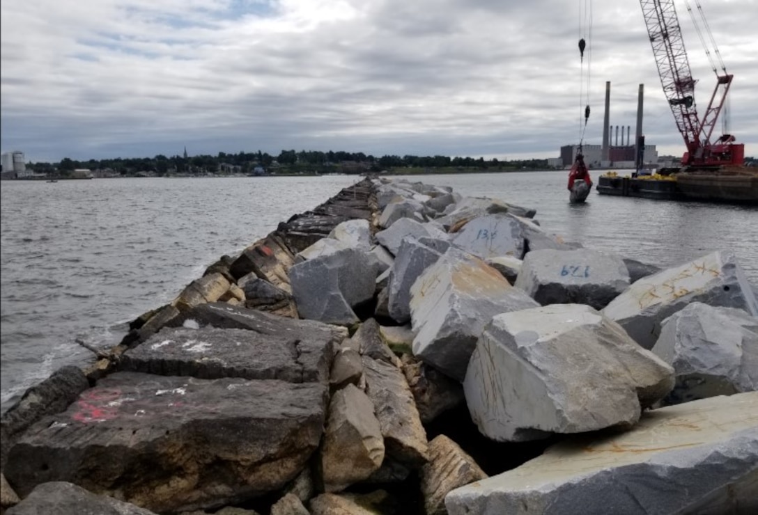 The finished repairs of the Oswego Harbor W. Arrowhead breakwater