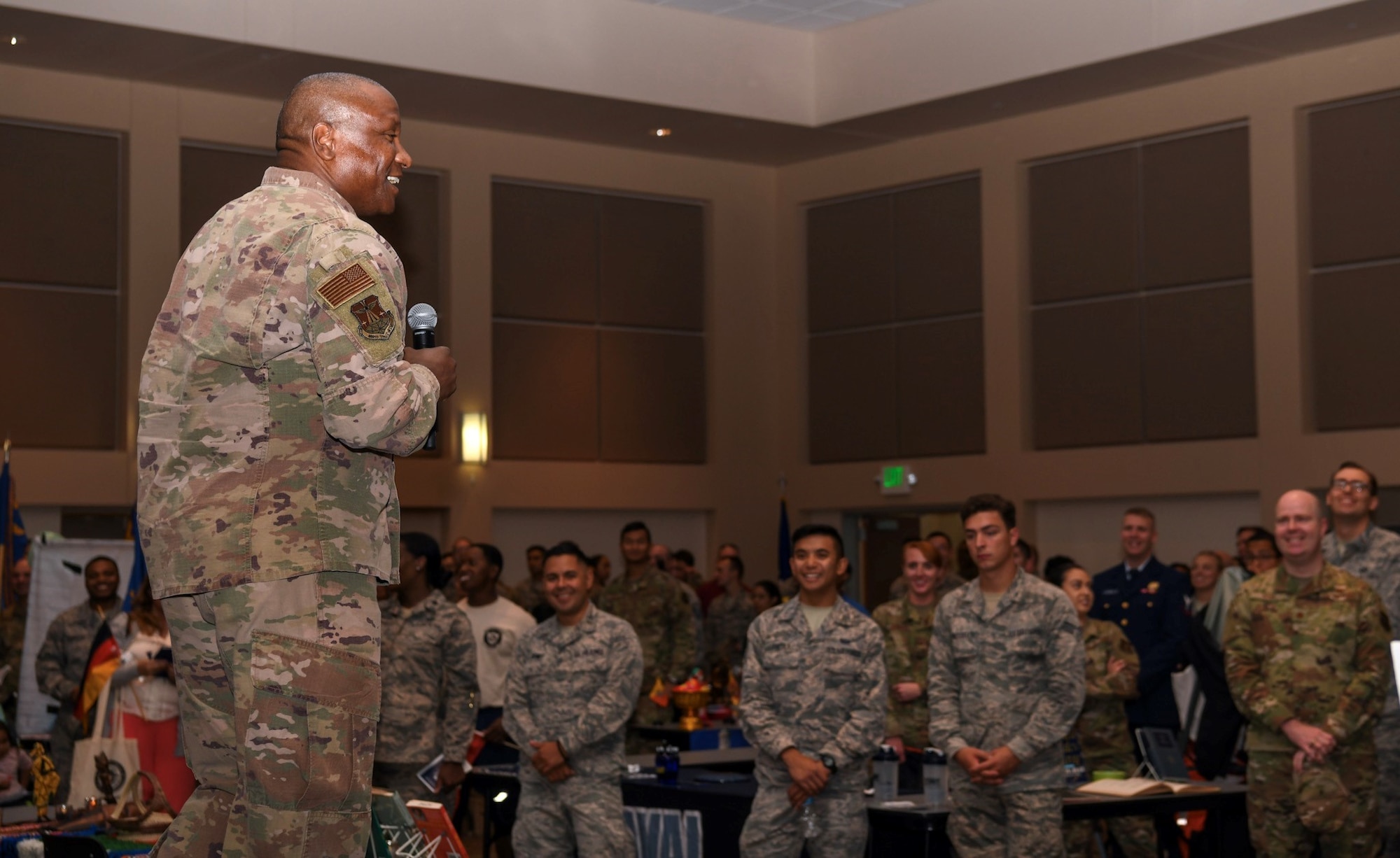 Col. Devin Pepper, 460th Space Wing commander offers opening remarks, Sept. 26, 2019, on Buckley Air Force Base, Colo. Diversity Day provided an opportunity to explore and celebrate the accomplishments and cultures of a diverse military force. (U.S. Air Force photo by Senior Airman Michael D. Mathews)