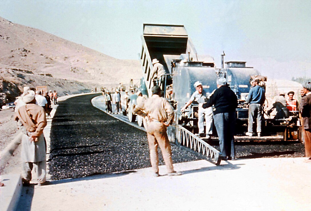 Laying asphalt during construction of the Afghan highway