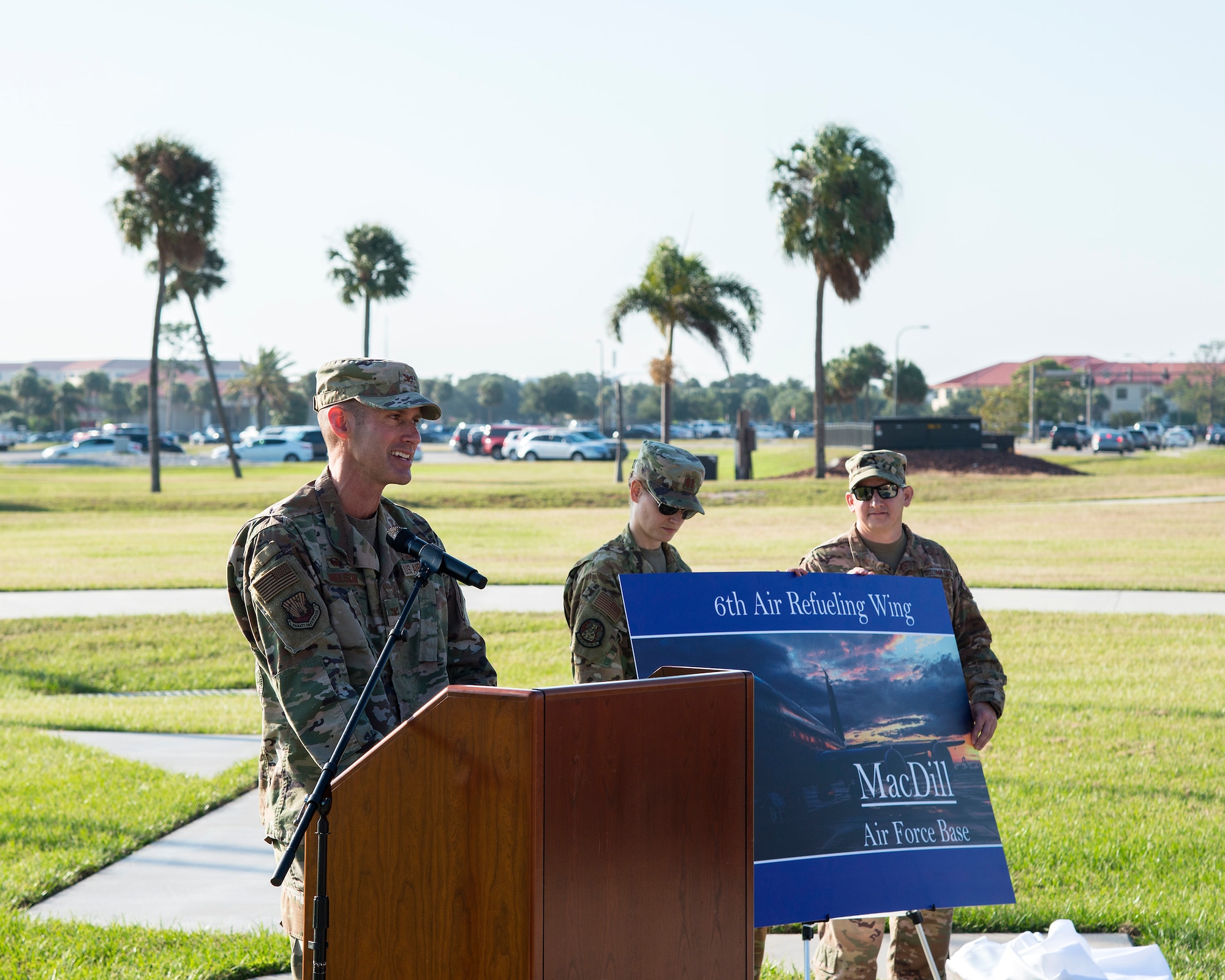 U.S. Air Force Col. Stephen Snelson, the 6th Air Refueling Wing (ARW) commander, speaks at the 6th ARW redesignation ceremony at MacDill Air Force Base, Fla., Sept. 30, 2019.