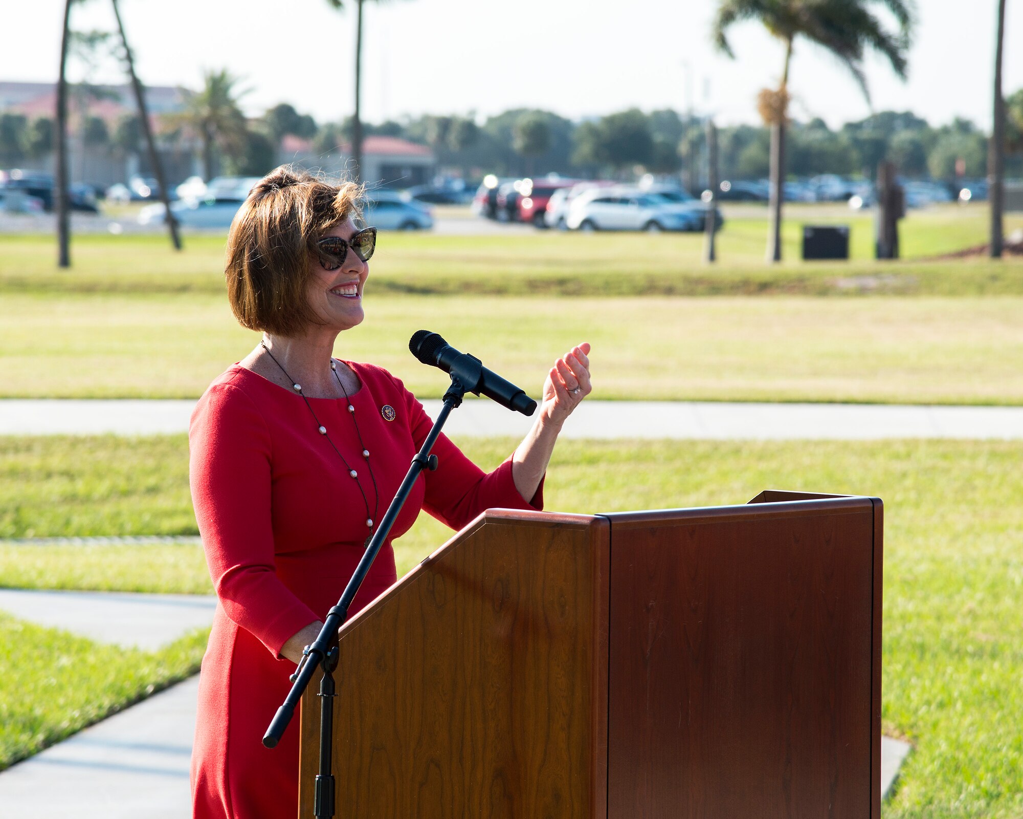 Congresswoman Kathy Castor, Florida’s 14th congressional district representative, speaks at the 6th Air Refueling Wing redesignation ceremony at MacDill Air Force Base, Fla., Sept. 30, 2019.