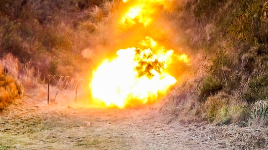 U.S. Marines with Combat Assault Company, 3rd Marine Regiment, engage an obstacle with an anti-personnel breaching system (APOBS) for training on Marine Corps Base Hawaii, September 13, 2019. APOBS allow combat engineers to breach large obstacles and enhance combat effectiveness. (U.S. Marine Corps photo by Cpl. Eric Tso)