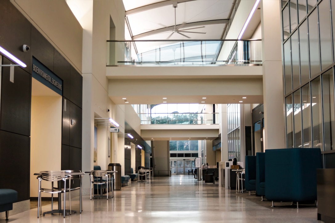 The design of the Thomas Koritz Clinic at Seymour Johnson Air Force Base includes large areas of shaded glass for natural lighting and views of the green campus. Courtesy photo.