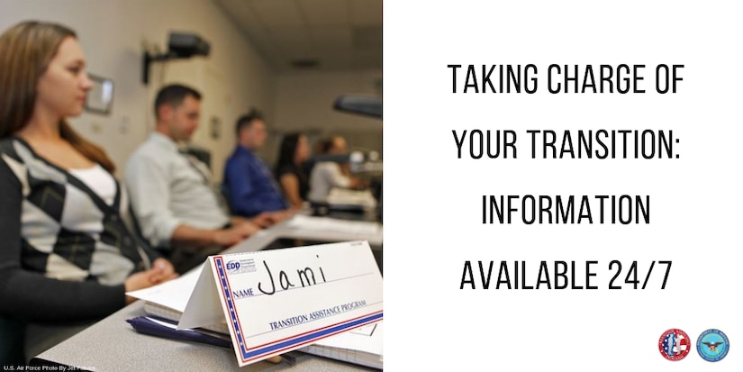 Woman sits in a classroom setting, her place marked by a placard reading, “Jami – Transition Assistance Program.”