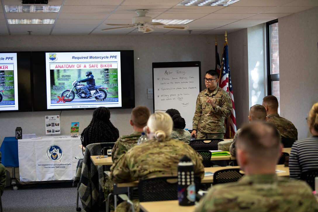 Staff Sgt. Ivan Victor Talle, 100th Air Refueling Wing occupational safety technician gives a safety brief to newly arrived Airmen and spouses at RAF Mildenhall, England, Sept. 26, 2019. Airmen from the 100th ARW Safety office play a vital role in keeping Airmen safe by enforcing rules and regulations for safe working environments, providing safety briefings and inspecting each unit’s work stations. (U.S. Air Force photo by Senior Airman Luke Milano)