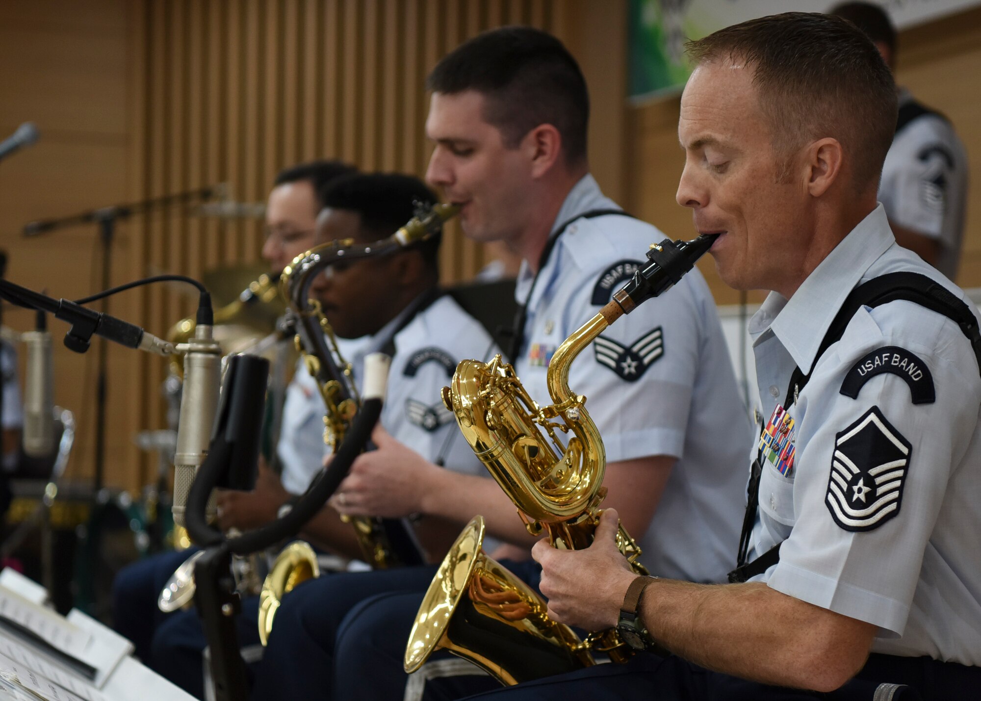 U.S. Air Force Band of the Pacific members play for the Gunsan Korean National Police in Gunsan City, Republic of Korea, Sept. 24, 2019. The Pacific Showcase jazz ensemble performed in front of a crowd of 130 officers and their families. (U.S. Air Force photo by Staff Sgt. Anthony Hetlage