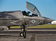 U.S. Marine Corps Lt. Col. Paul J. Holst, commanding officer, Marine Fighter Attack Training Squadron 501, Marine Corps Air Station Beaufort, South Carolina, completes the first landing of an F-35B Lightning II aircraft on Marine Corps Air Station New River, North Carolina, Sept. 23, 2019. The F-35B was part of an aircraft display for Secretary of Defense Mark T. Esper during his tour of MCAS New River and Marine Corps Base Camp Lejeune to visit major operational commands and to observe residual Hurricane Florence damage.