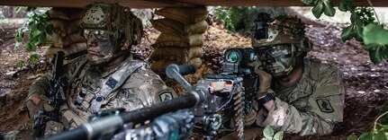 U.S. Army Spc. Elijah Martinez (left) and Pvt. Quentin Wilson assigned to Bravo Company, 2nd Battalion, 503rd Infantry Regiment, 173rd Airborne Brigade keep a look out for opposing forces from a foxhole during Exercise Saber Junction 2019 in Hohenfels Training Area, Germany, Sept. 24, 2019. (U.S. Army photo by Sgt. Henry Villarama)