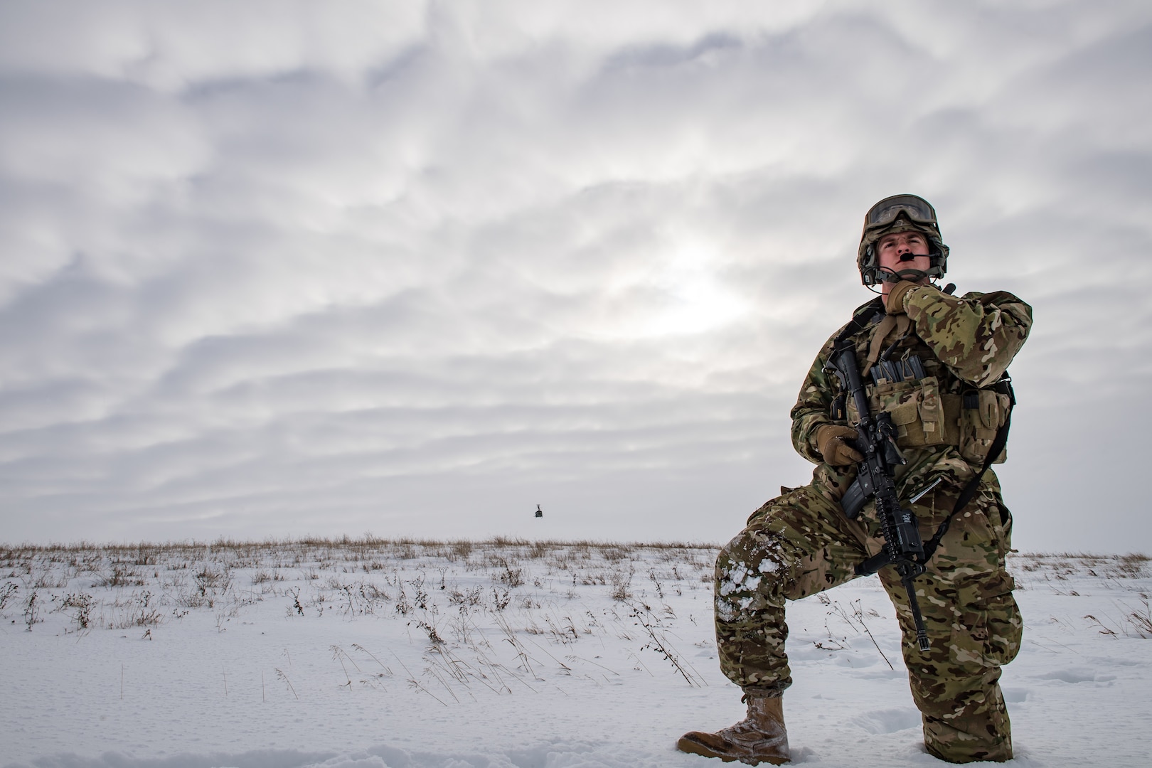 Senior Airman, response force leader with 791st Missile Security Forces Squadron, performs security sweep of landing zone near Minot Air Force Base, North Dakota, on January 25, 2017 (U.S. Air Force/Brandon Shapiro)