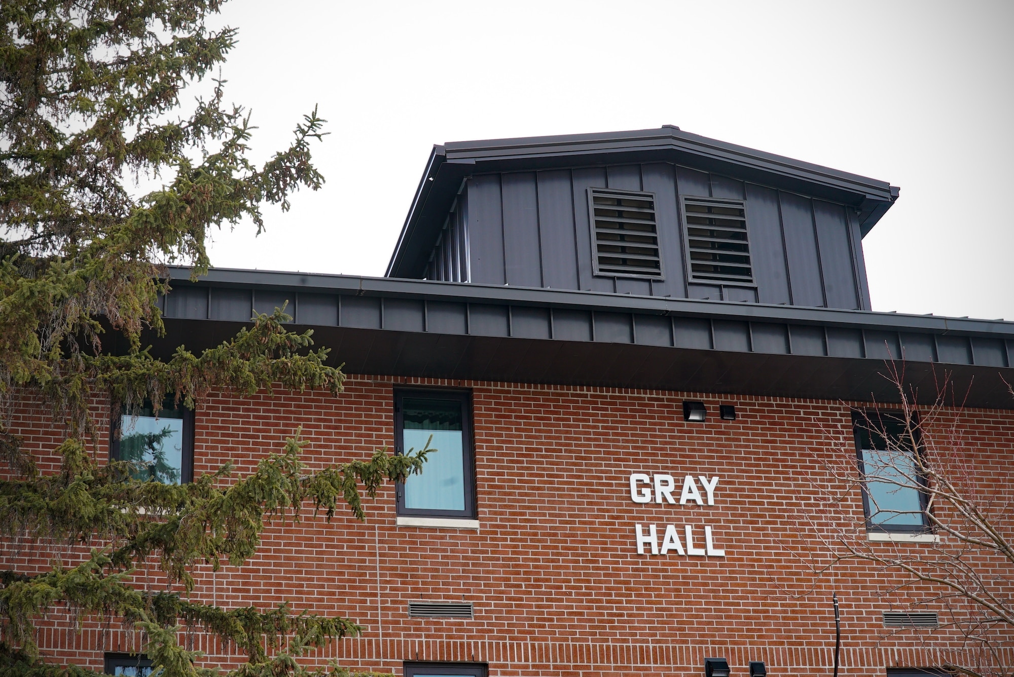 The front of Gray Hall Dorm has a red-brick exterior, complemented by a green pine tree towering near the entrance of the building.