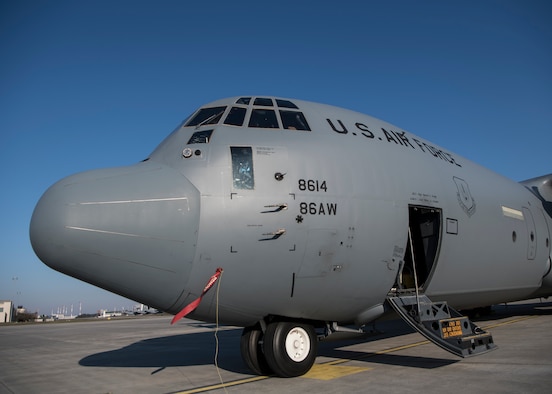 A U.S. Air Force C-130J Super Hercules aircraft assigned to the 37th Airlift Squadron sits on the flightline at Ramstein Air Base, Germany, March 26, 2020 before a training mission to Chievres, Belgium.