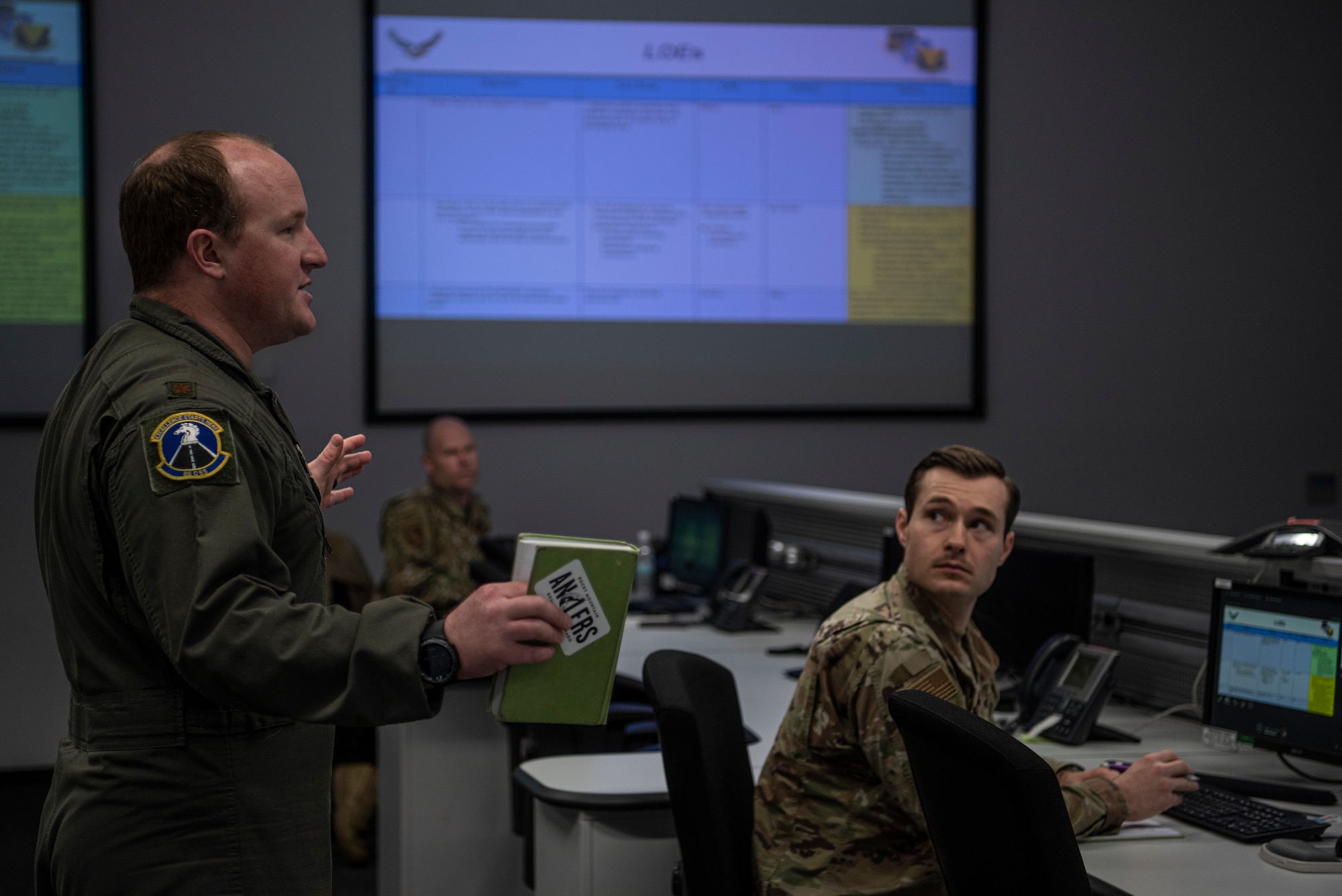 U.S. Air Force Maj. David Mackintosh, 86th Operations Support Squadron chief of weapons and tactics and lead Operational Planning Team planner, briefs the OPT at Ramstein Air Base, Germany, March 24, 2020.