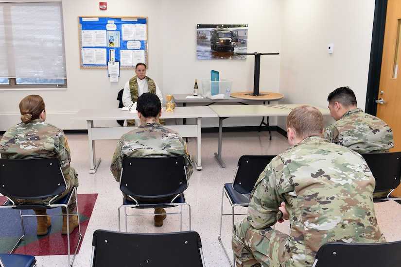 Father Matt Foley, parish pastor for St. James Catholic Church, in Arlington Heights, Illinois, conducts chaplain services for local Soldiers, assigned to the 85th U.S. Army Reserve Support Command, during the unit’s battle assembly weekend training, February 9, 2020.