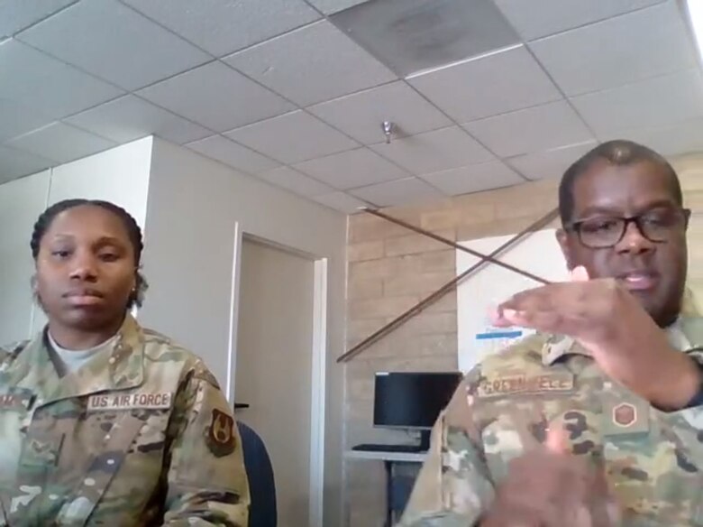 Staff Sgt. Mutia Graham, Professional Development Noncommissioned Officer-in-Charge, and Master Sgt. Alan Greenwell, Edwards Air Force Base Career Assistance Advisor, provide a class on career progression and retraining during an Air Force Quarantine University livestream session recently from Edwards Air Force Base, California. Quarantine University is online learning platform to bring people across the Air Force together. (Photo courtesy of AF Quarantine University)