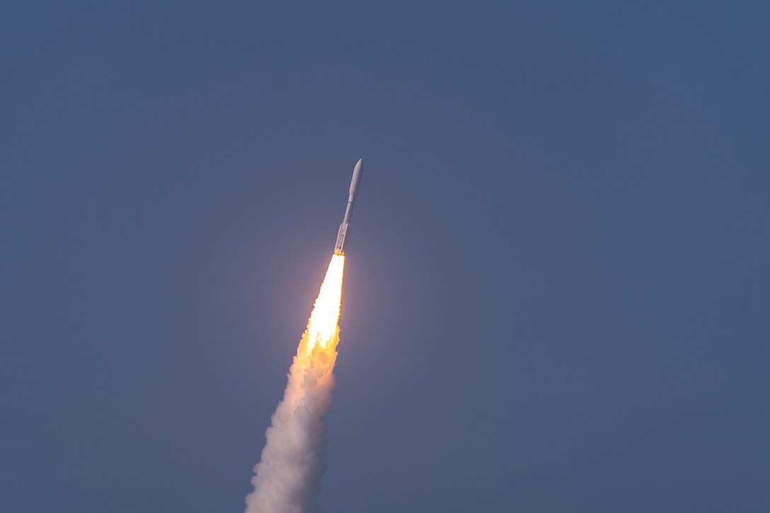An Atlas V AEHF-6 rocket successfully launches from Space Launch Complex-41 at Cape Canaveral Air Force Station, Fla., March 26, 2020. The launch of the AEHF-6, a sophisticated communications relay satellite, is the first Department of Defense payload launched for the United States Space Force. (U.S. Air Force photo by Joshua Conti)