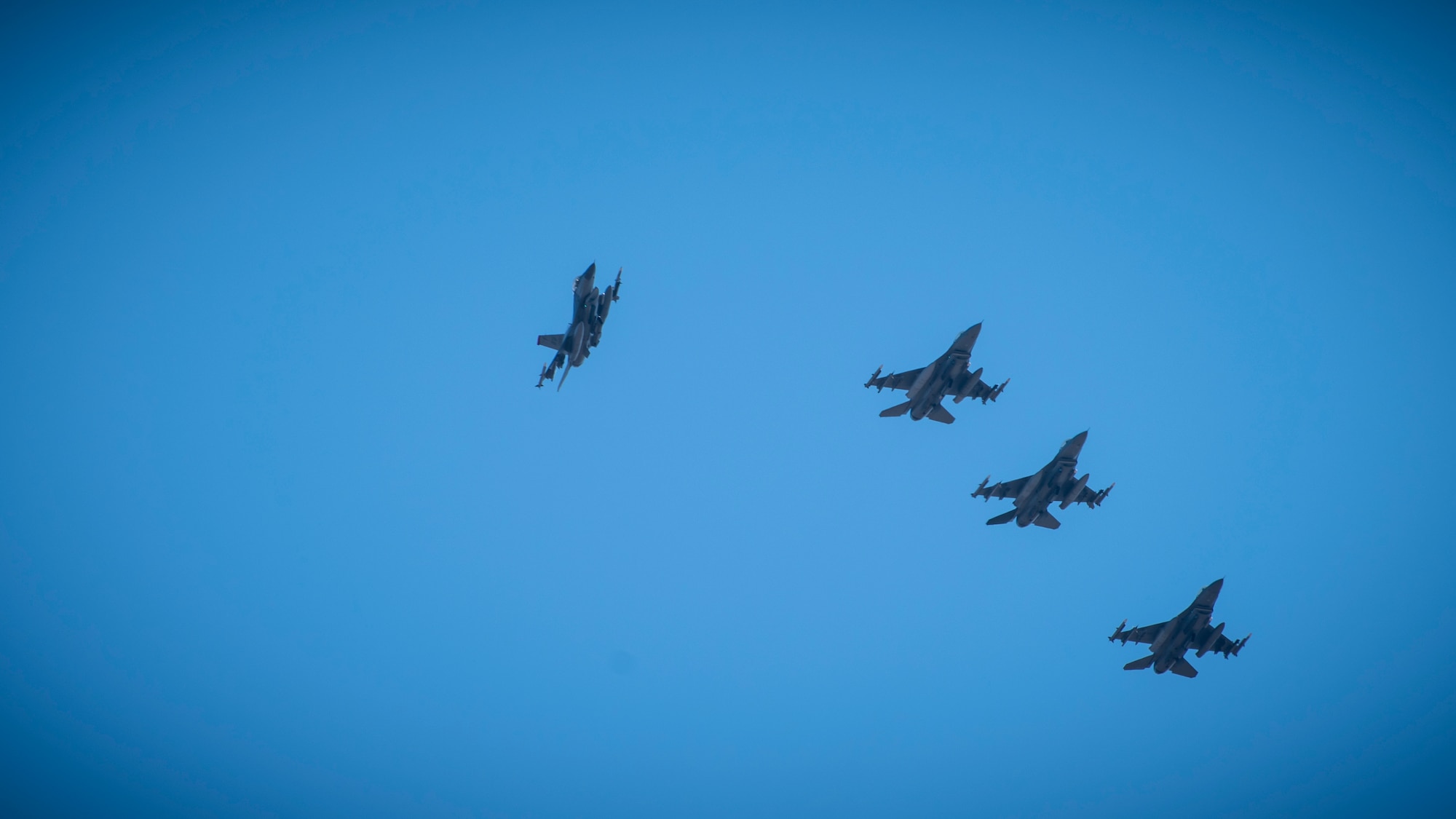 Four U.S. Air Force F-16 Fighting Falcons fly in formation at Misawa Air Base, Japan, March 30, 2020. In an air combat role, the F-16's maneuverability and combat radius exceeds all potential threat fighter aircraft. It can locate targets in all weather conditions and detect low-flying aircraft in radar ground clutter. (U.S. Air Force photo by Airman 1st Class China M. Shock)