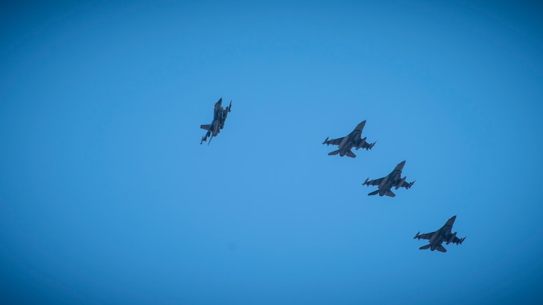 Four U.S. Air Force F-16 Fighting Falcons fly in formation at Misawa Air Base, Japan, March 30, 2020. In an air combat role, the F-16's maneuverability and combat radius exceeds all potential threat fighter aircraft. It can locate targets in all weather conditions and detect low-flying aircraft in radar ground clutter. (U.S. Air Force photo by Airman 1st Class China M. Shock)