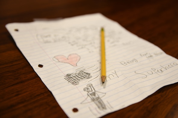 A letter is displayed on a desk at Aviano Air Base, Italy, April 1, 2020. Nine-year-old Leah, daughter of U.S. Air Force Tech. Sgt. Aaron Peterson, 31st Aircraft Maintenance Squadron, 56th Helicopter Maintenance Unit, section chief, wrote the thank you letter to Aviano Commissary employees. (U.S. Air Force photo illustration by Airman 1st Class Ericka A. Woolever)
