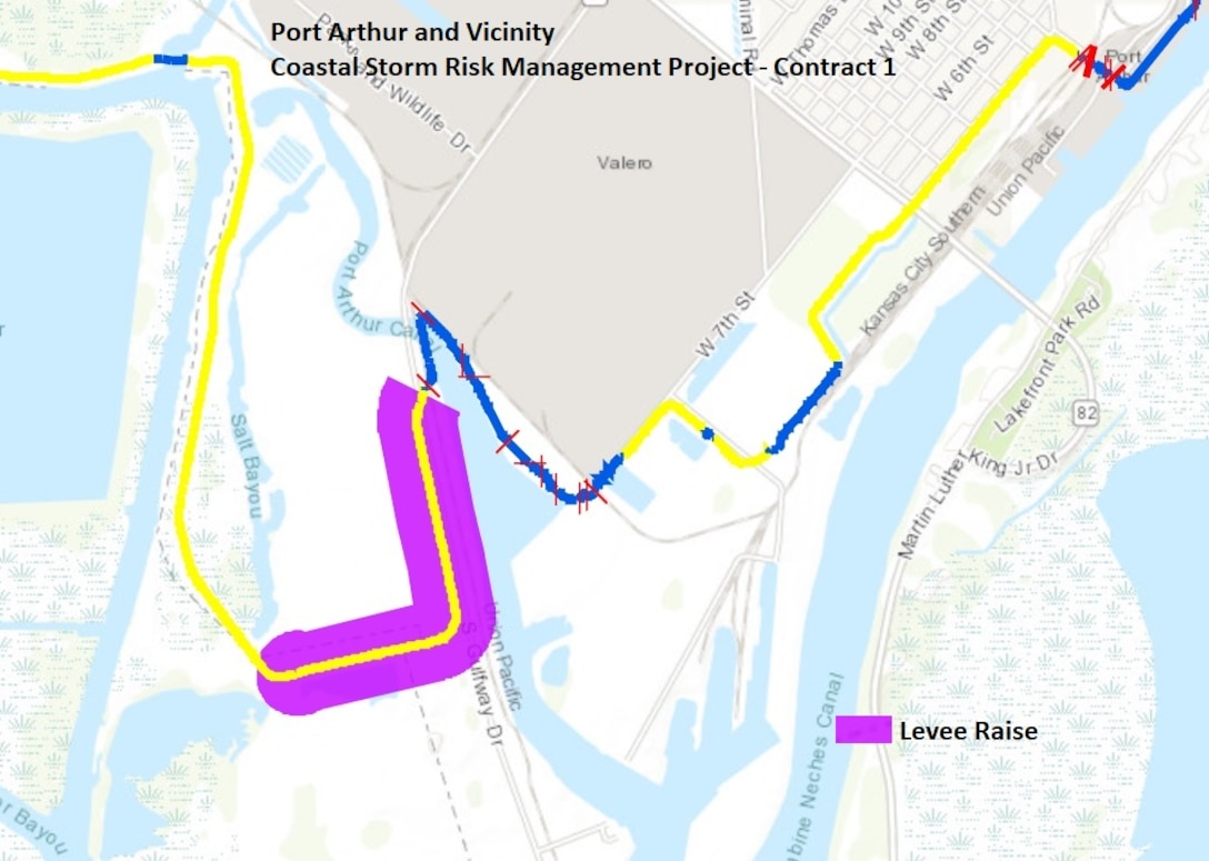 Map of Port Arthur Vicinity Coastal Storm Risk Management Project- Contract 1 for Port Arthur includes a section of the existing Coastal Storm Risk Management system of approximately 1.1 miles of levee along the Chevron Tank Farm. The contract begins at STA. 876+35, which is adjacent to the west side of the HWY 87 crossing, and proceeds west to STA. 933+80. Leeve Raise - (Purple Section).