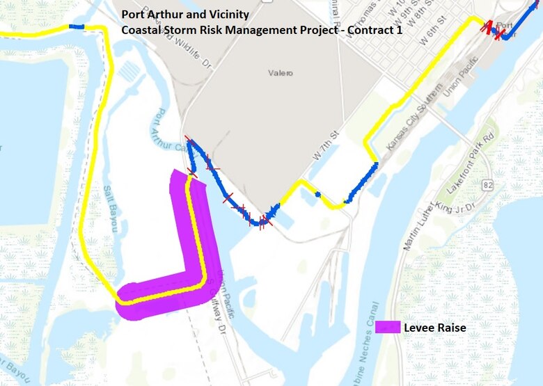 Map of Port Arthur Vicinity Coastal Storm Risk Management Project- Contract 1 for Port Arthur includes a section of the existing Coastal Storm Risk Management system of approximately 1.1 miles of levee along the Chevron Tank Farm. The contract begins at STA. 876+35, which is adjacent to the west side of the HWY 87 crossing, and proceeds west to STA. 933+80. Leeve Raise - (Purple Section).