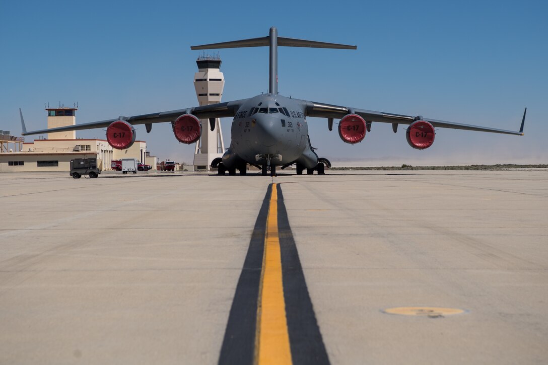 A C-17 Globemaster III is parked while crews prepare the cargo plane for a test mission at Edwards Air Force Base, California, April 1. (Air Force photo by Chris Dyer)