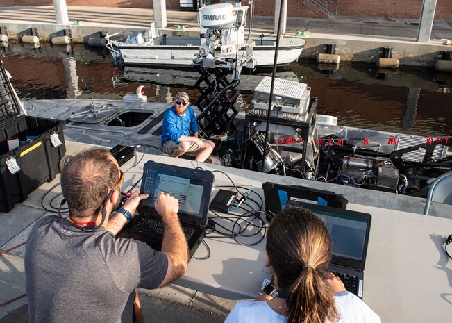 The Naval Surface Warfare Center Panama City Division (NSWC PCD) Off-board Systems Development Branch is working with Program Executive Office Unmanned and Small Combatants Unmanned Maritime Systems branch to continue mission requirements during the Coronavirus (COVID-19) pandemic. Shown here, the Mine Countermeasure Unmanned Surface Vehicle project team performs system checkouts prior to getting underway.