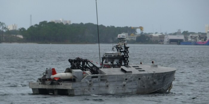 The Mine Countermeasure Unmanned Surface Vehicle project team conducts underway missions in support of contractor testing at the Naval Surface Warfare Center Panama City Division.