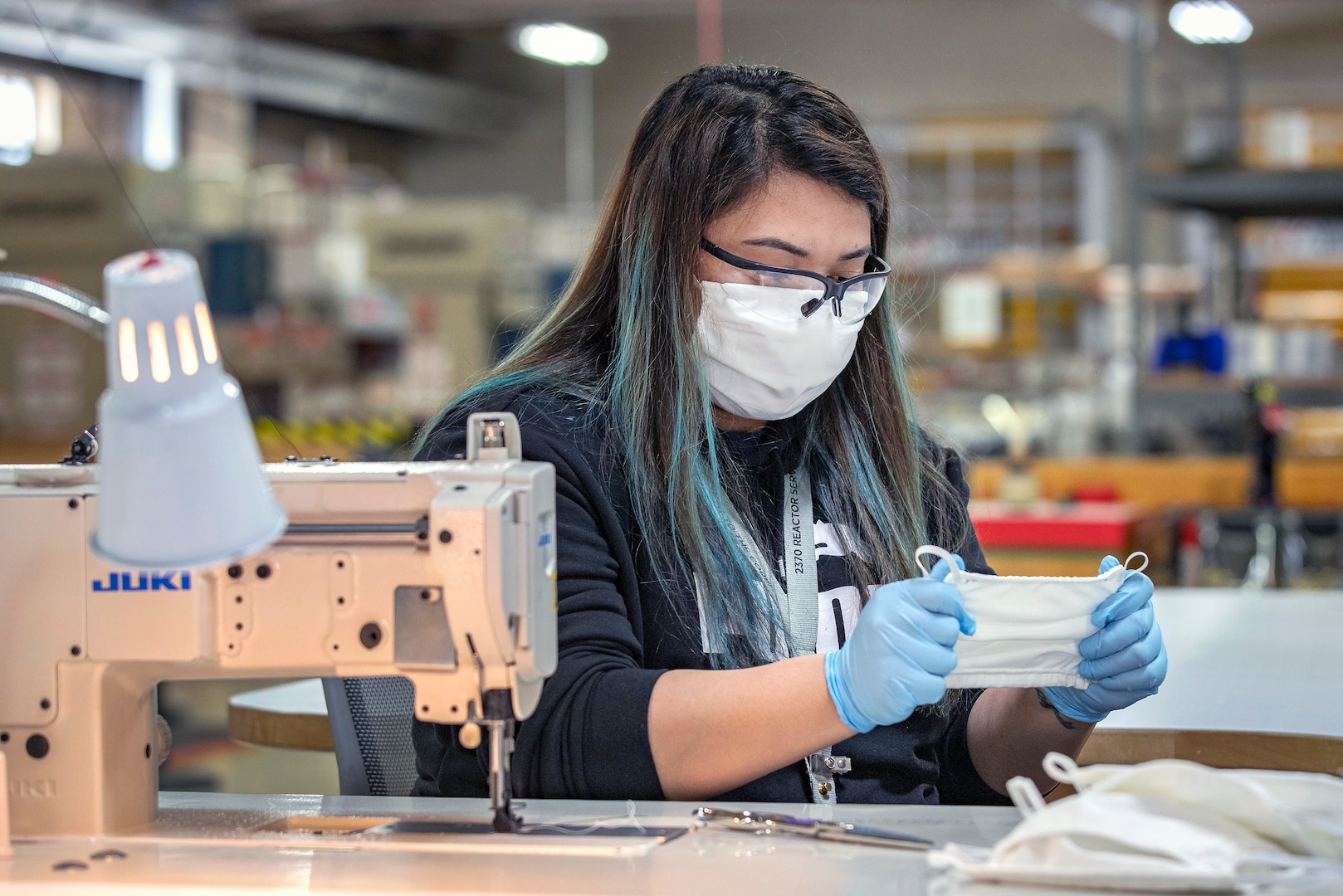 Shop 64 fabric workers at Puget Sound Naval Shipyard & Intermediate Maintenance Facility in Bremerton make cloth masks and polycarbonate face shields that can be used to protect the workforce, or provided to Naval Hospital Bremerton and local hospitals if the need arises.