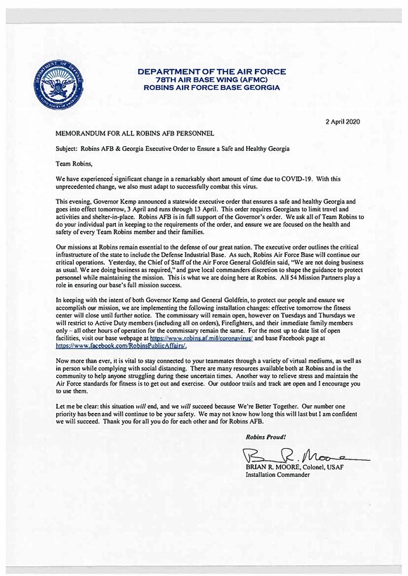 Robins Air Force Base and Georgia Executive Order to Ensure a Safe and ...