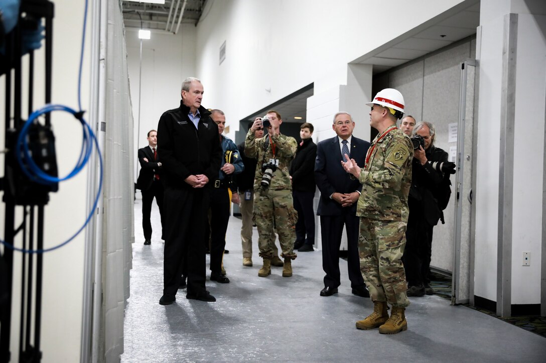 U.S. Army Corps of Engineers North Atlantic Division Commander Maj. Gen. Jeffrey Milhorn, Philadelphia District Commander Lt. Col. David Park  and other partners toured the Meadowlands Field Medical Station in Secaucus, NJ on April 2nd with NJ Governor Phil Murphy and Senator Bob Menendez. USACE is providing engineering support to address possible medical facility shortages due to the COVID-19 Pandemic. (Edwin J. Torres for Governor’s Office).