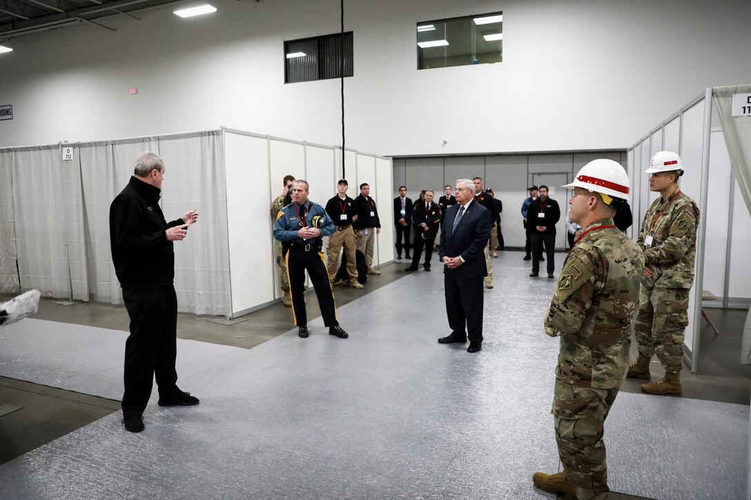 U.S. Army Corps of Engineers North Atlantic Division Commander Maj. Gen. Jeffrey Milhorn, Philadelphia District Commander Lt. Col. David Park  and other partners toured the Meadowlands Field Medical Station in Secaucus, NJ on April 2nd with NJ Governor Phil Murphy and Senator Bob Menendez. USACE is providing engineering support to address possible medical facility shortages due to the COVID-19 Pandemic.