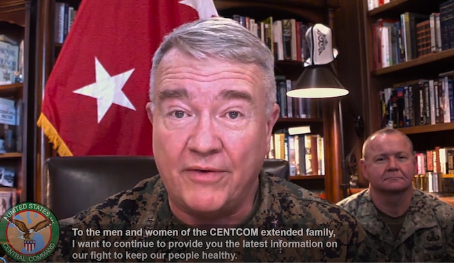 U.S. Marine Corps Gen. Kenneth F. McKenzie Jr., commander, U.S. Central Command, addresses updated command measures in response to COVID-19.