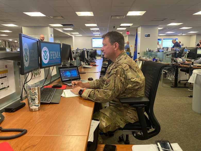 Image or Lt. Col. Michael Eldridge, an Emergency Preparedness Liaison Officer (EPLO) from Alaska, working in FEMA’s National Response Coordination Center in Washington, D.C.
