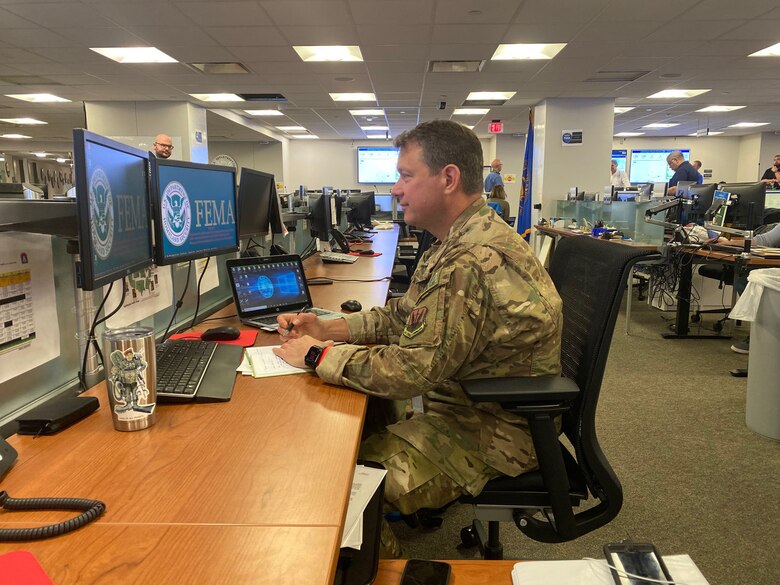 Image or Lt. Col. Michael Eldridge, an Emergency Preparedness Liaison Officer (EPLO) from Alaska, working in FEMA’s National Response Coordination Center in Washington, D.C.