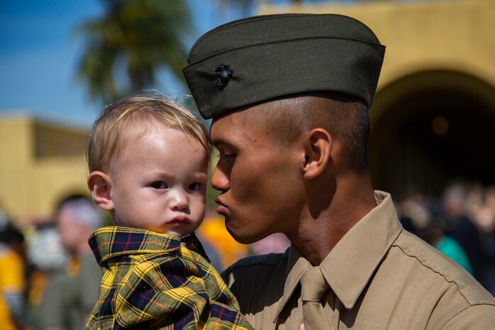 A new Marine is welcomed by a loved one during liberty call at Marine Corps Recruit Depot, San Diego, March 5.