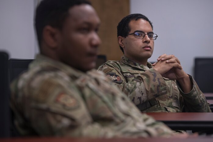 Staff Sgt. Micah Wells, 437th Aircraft Maintenance Squadron flying crew chief, listens to a briefing explaining aircraft decontamination procedures during a C-17 COVID-19 Decontamination Course at Joint Base Charleston, S.C., April 2, 2020. Members of the 437th Maintenance Group began implementation of the course March 28, 2020 to help ensure the safety of maintainers, aerial port personnel, aircrew and passengers while continuing support of Air Mobility Command’s rapid global mobility mission during the global pandemic.