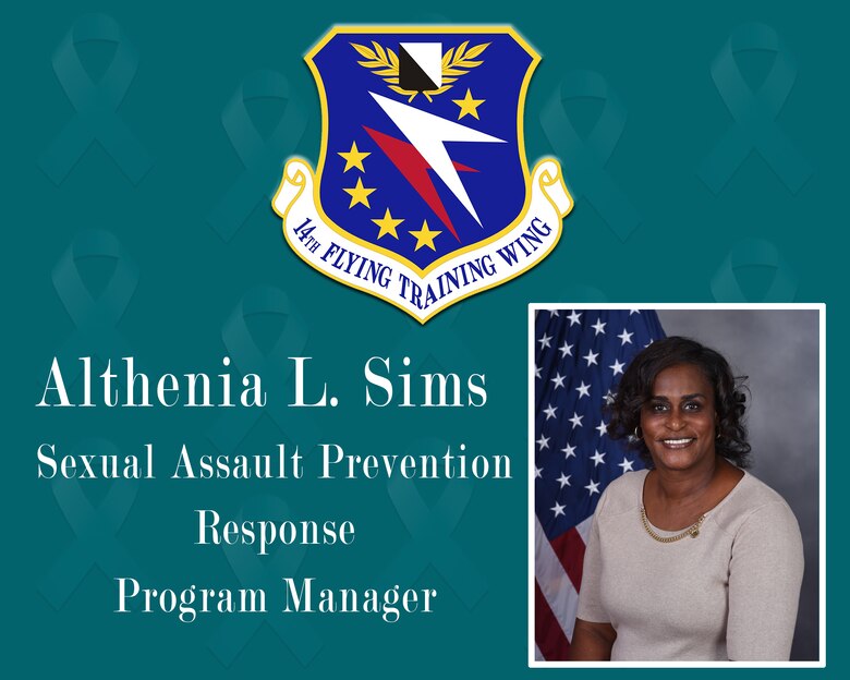 As the Sexual Assault and Response Coordinator, Althenia Sims helps execute the Air Force's SAPR program and is the primary point of contact for integrating and coordinating sexual assault victim care services for eligible recipients at Columbus AFB. (U.S. Air Force graphic by Melissa Doublin)