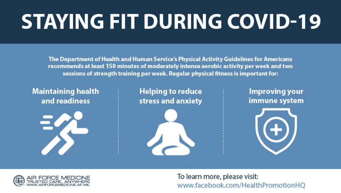 The Department of Health and Human Service’s Physical Activity Guidelines for Americans recommends at least 150 minutes of moderately intense aerobic activity per week and two sessions of strength training per week. (U.S. Air Force graphic)