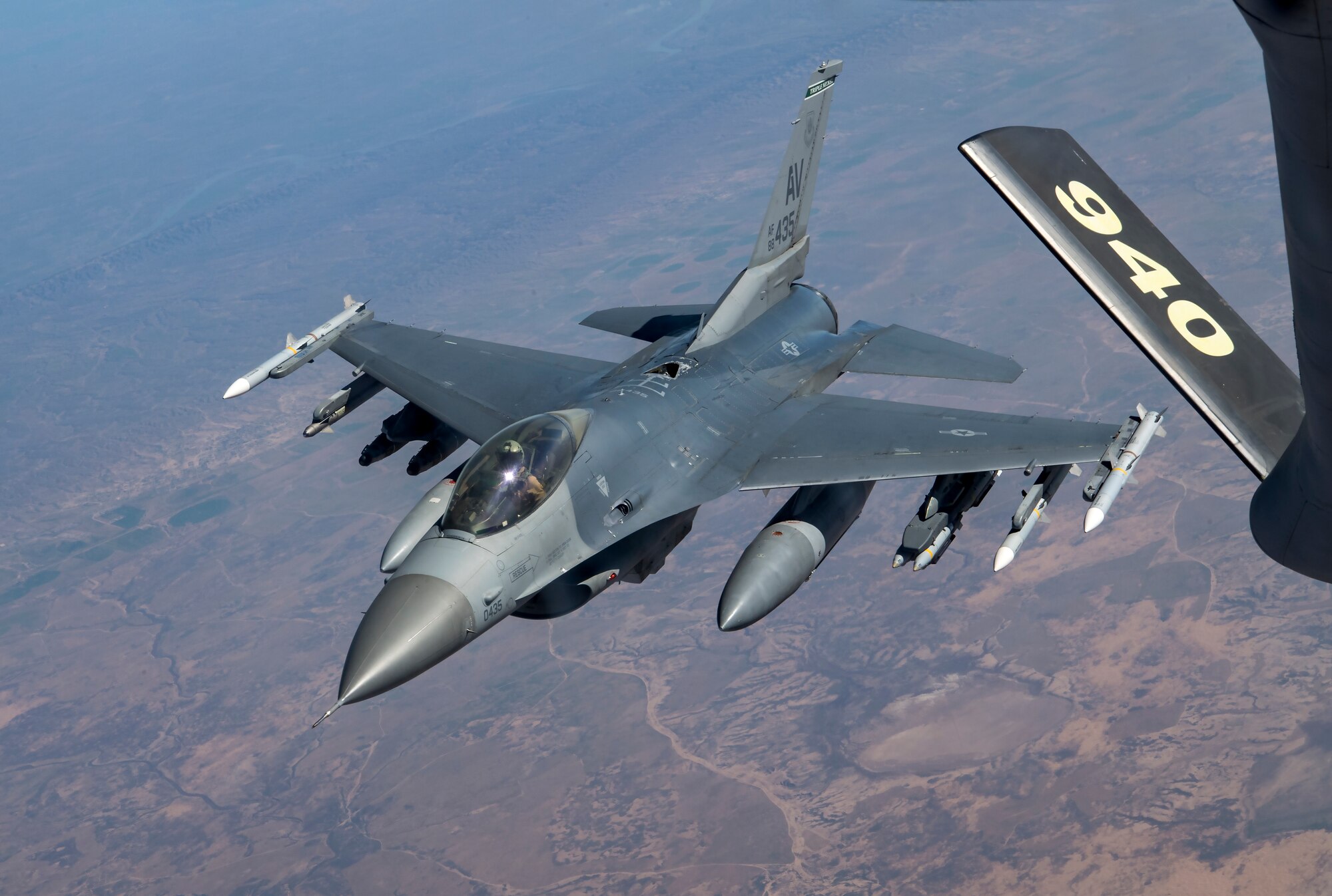 A U.S. Air Force F-16 Fighting Falcon assigned to the 555th Expeditionary Fighter Squadron, flies over Iraq, Feb. 6, 2020.