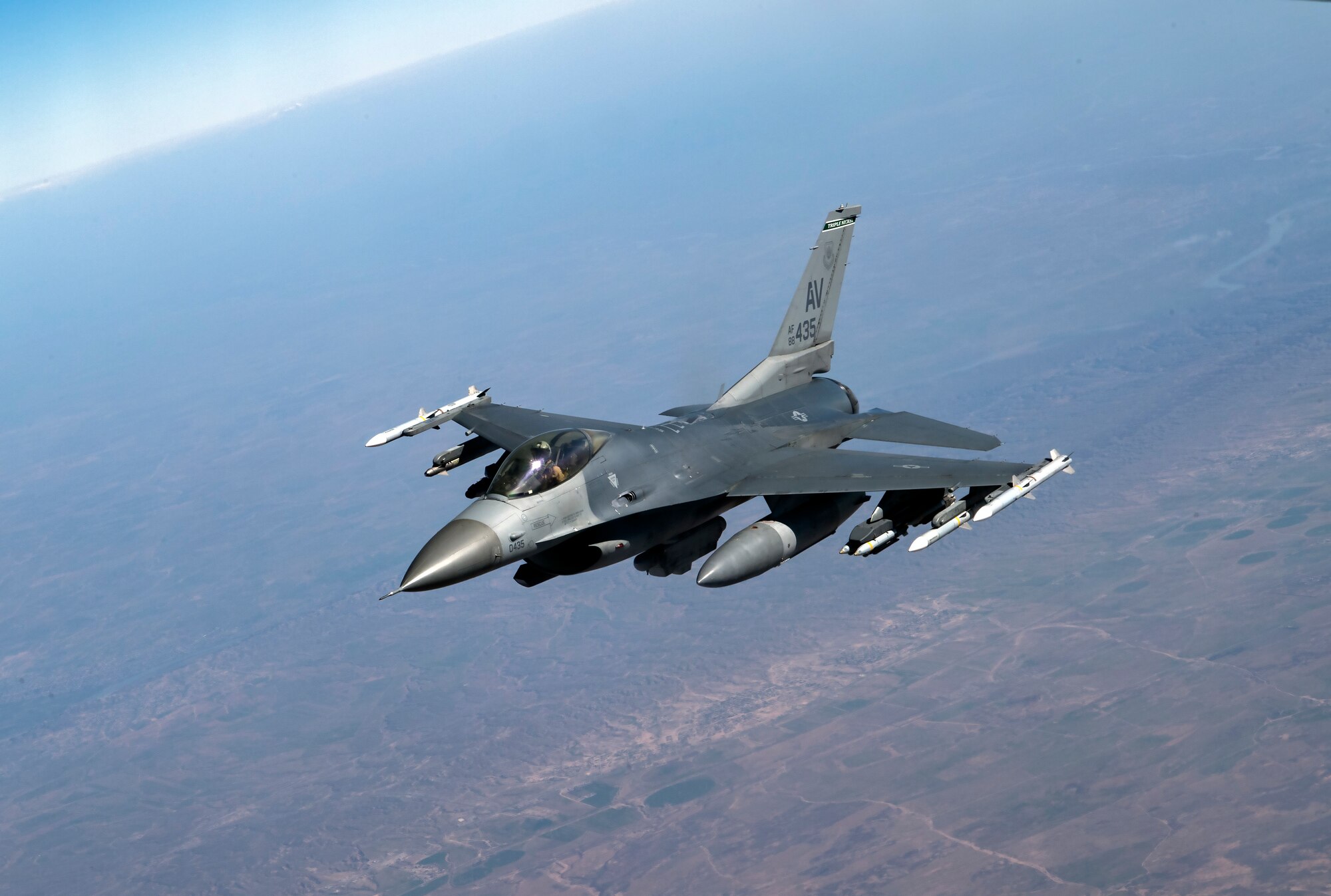 A U.S. Air Force F-16 Fighting Falcon assigned to the 555th Expeditionary Fighter Squadron, flies over Iraq, Feb. 6, 2020.