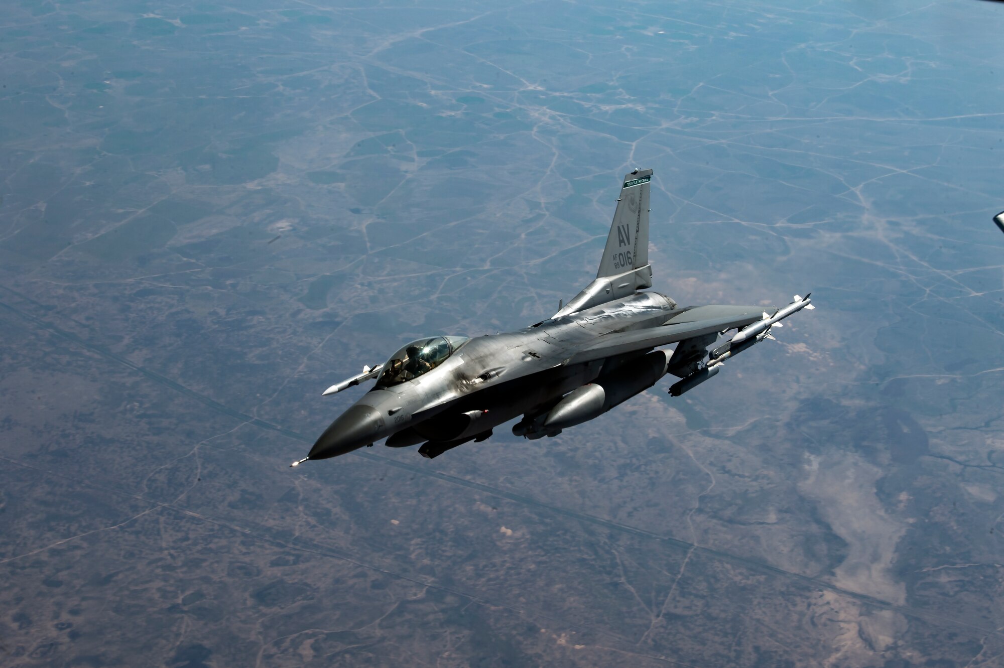 A U.S. Air Force F-16 Fighting Falcon assigned to the 555th Expeditionary Fighter Squadron flies over Iraq, Feb. 6, 2020.